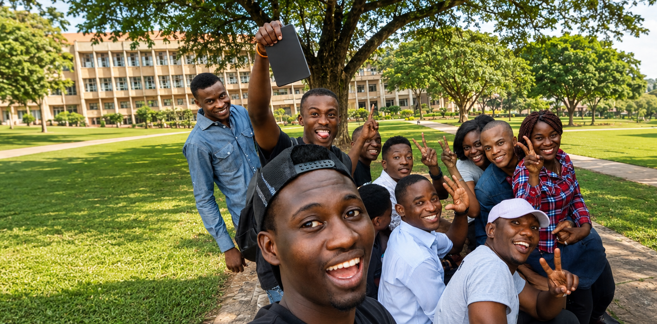 Students taking a group selfie on a university campus.