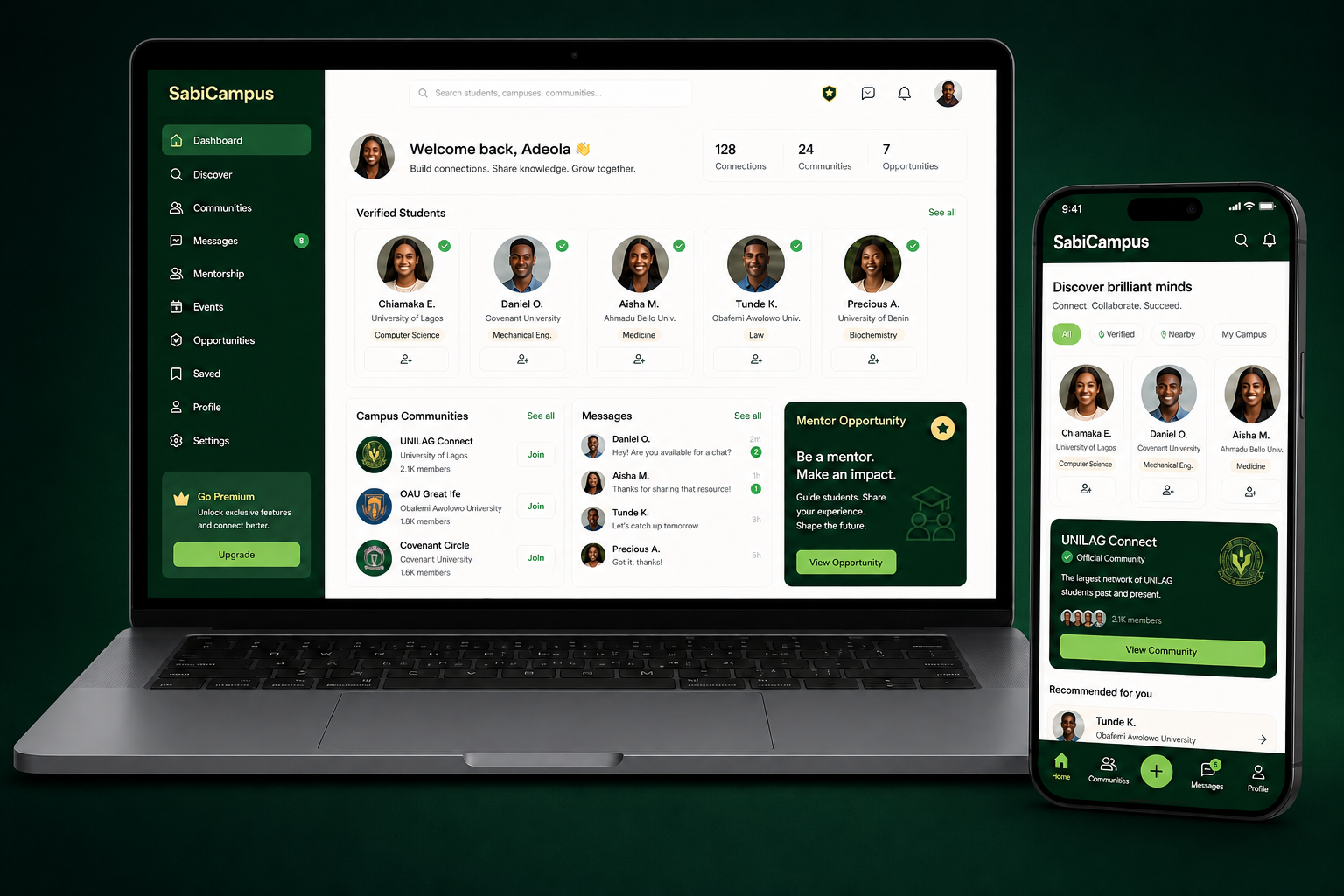 A realistic graphite laptop and black phone displaying SabiCampus verified students, communities, messages and Campus Mentor features